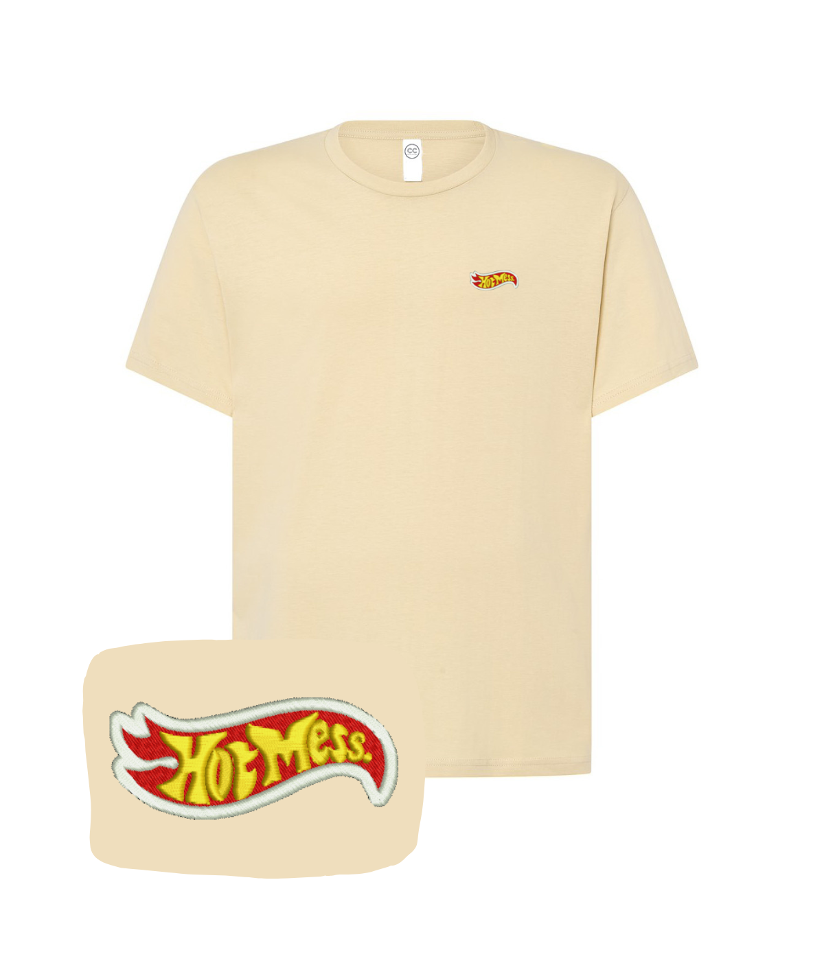 Beige T-shirt with embroidered "Hot Mess" design from CustomClothes.pl, casual style and comfortable fit.