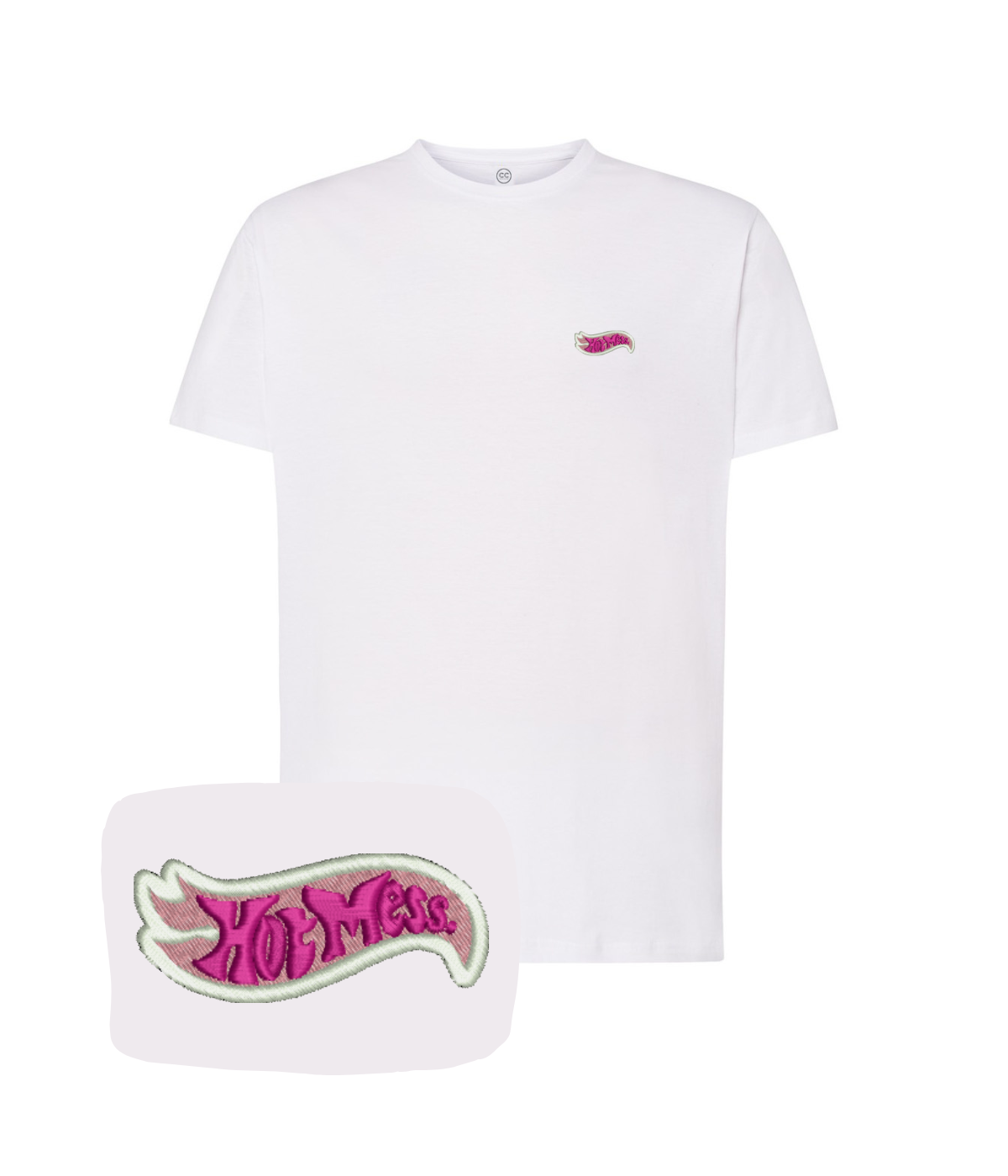 Pink "Hot Mess" embroidered t-shirt by CustomClothes.pl, featuring stylish embroidery on soft fabric.