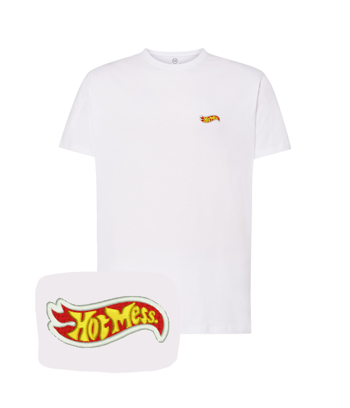 White T-shirt with embroidered "Hot Mess" design from CustomClothes.pl, featuring casual fit and detailed embroidery.
