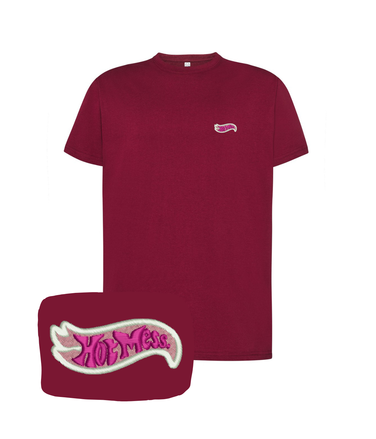 Pink "Hot Mess" embroidered T-shirt by CustomClothes.pl, casual fit, featuring embroidered design on the front.