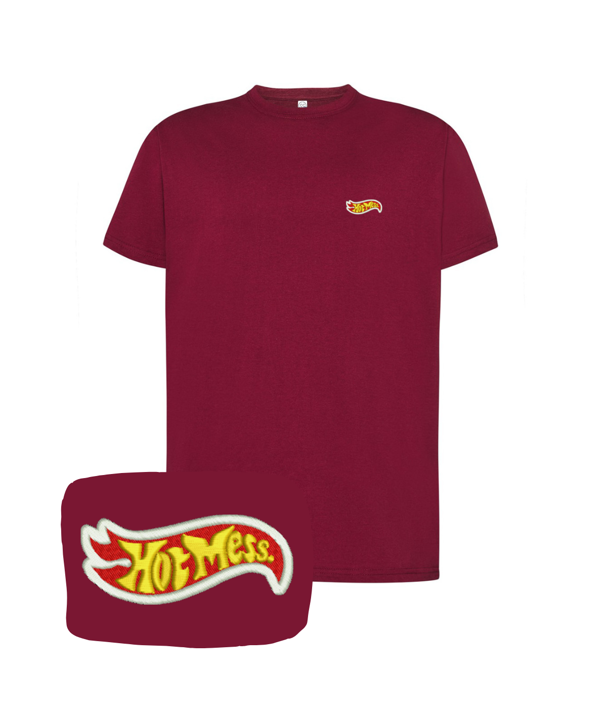 Bordowa koszulka z haftem "Hot Mess" od CustomClothes.pl, casual T-shirt with embroidered design.