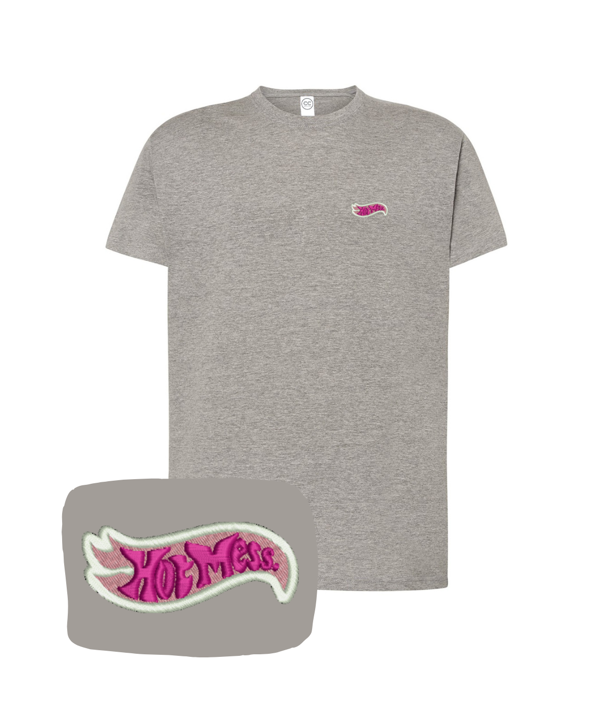 Pink "Hot Mess" embroidered t-shirt from CustomClothes.pl, featuring a stylish design and casual fit.