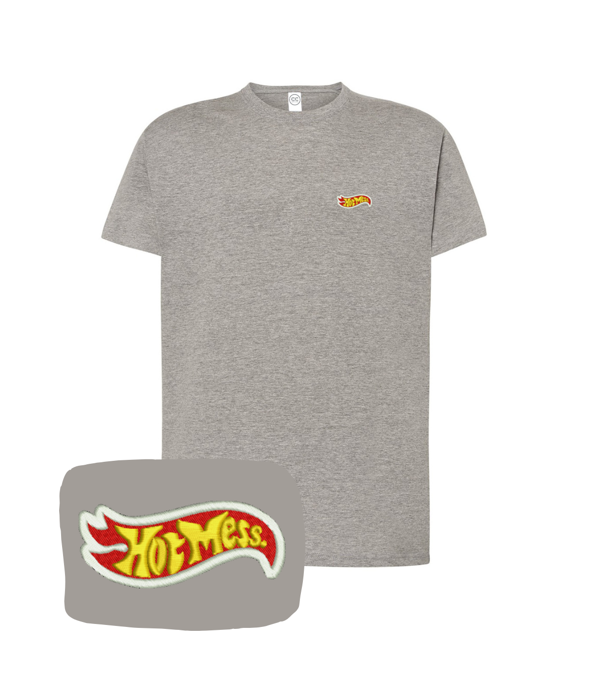 Dark gray T-shirt with embroidered "Hot Mess" design by CustomClothes.pl, featuring casual fit and detailed stitching.