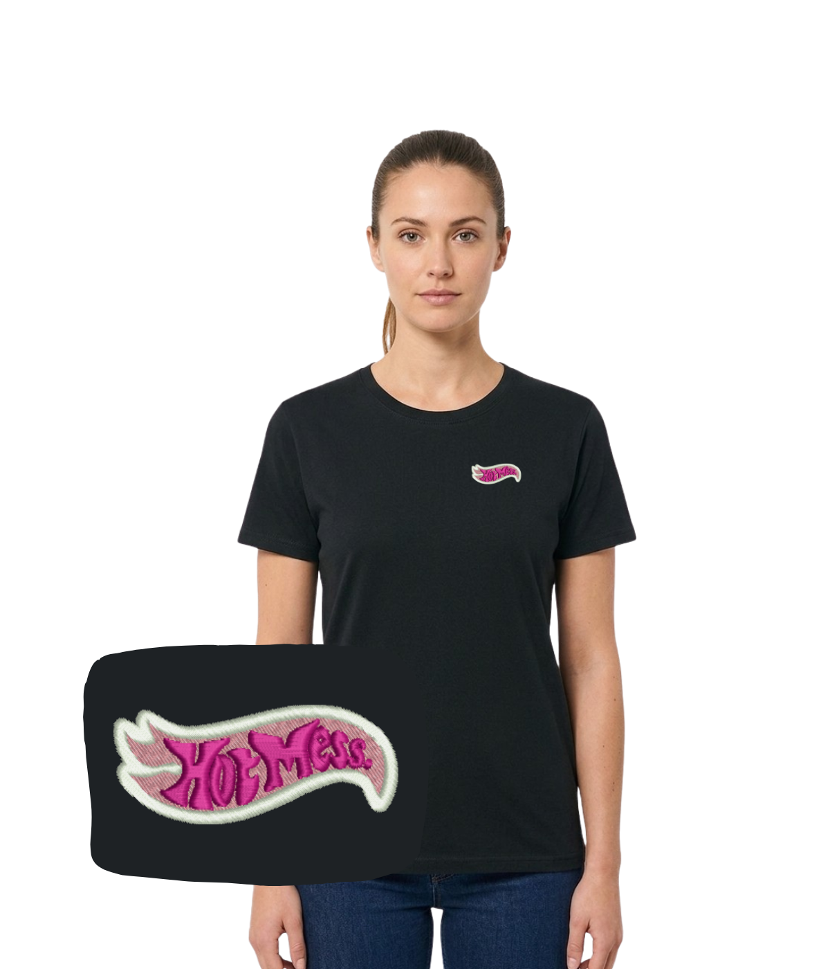 Pink "Hot Mess" embroidered T-shirt from CustomClothes.pl, casual cotton top with colorful stitched design.