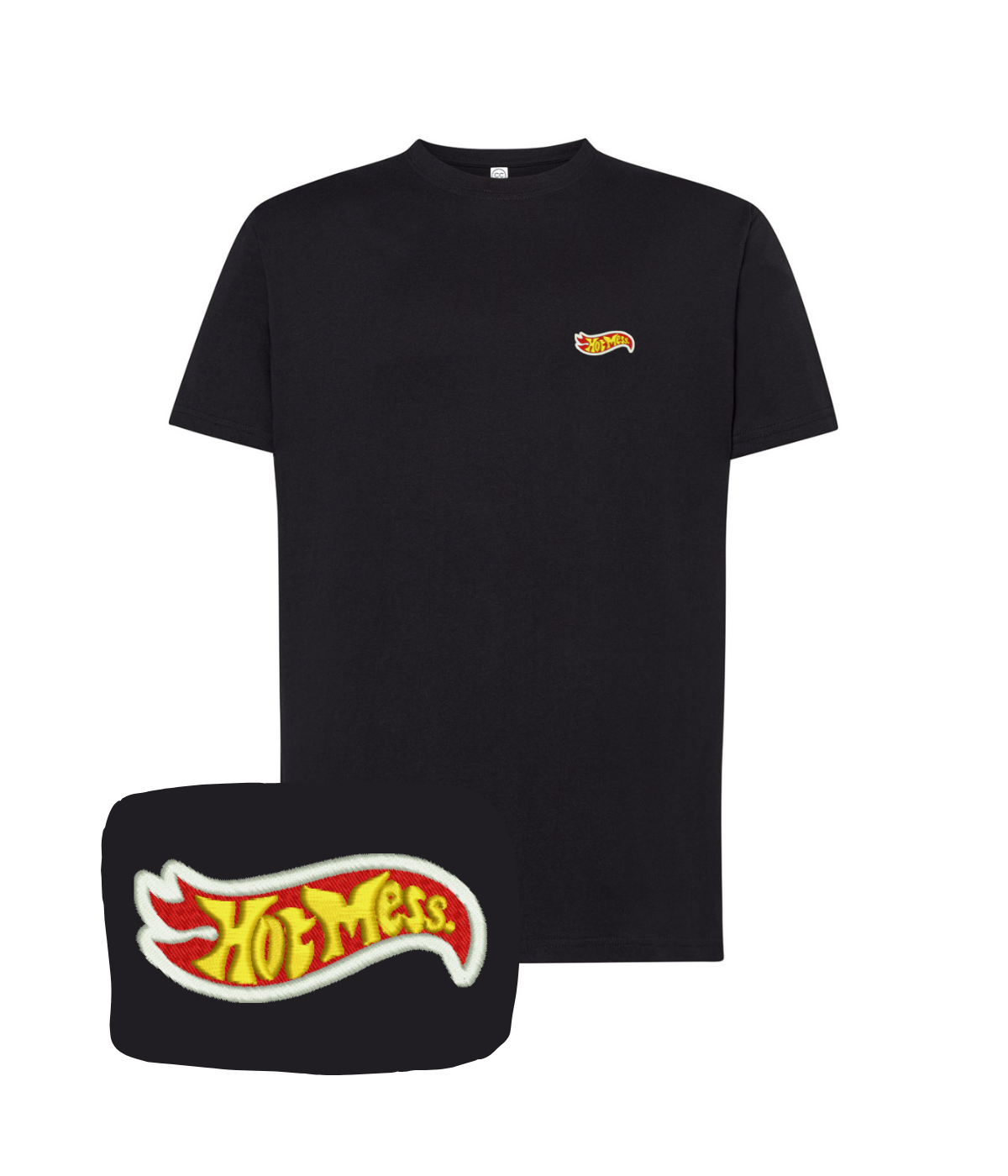 Black T-shirt with embroidered "Hot Mess" design from CustomClothes.pl, casual fit, showcasing detailed embroidery on the front.