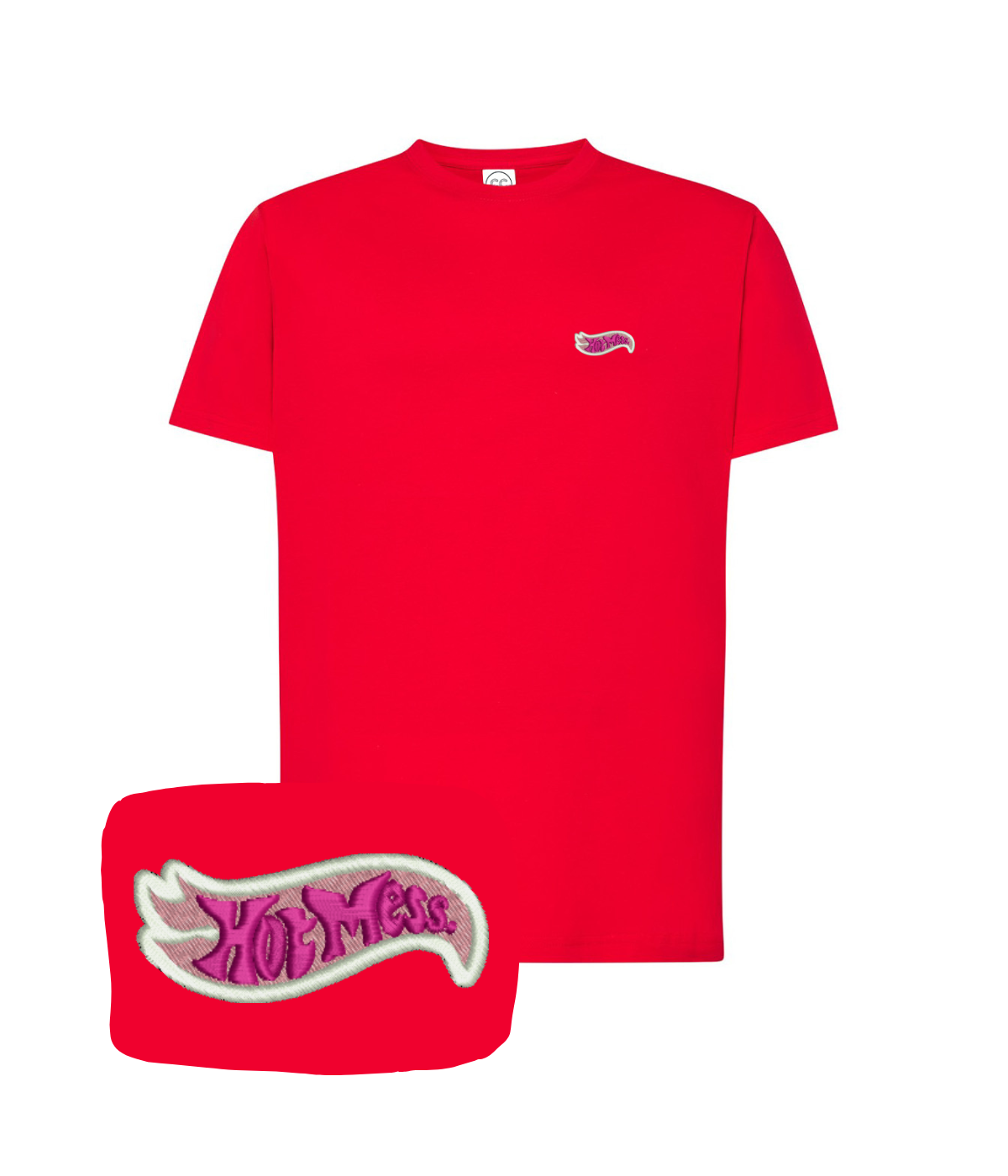 Pink "Hot Mess" embroidered T-shirt by CustomClothes.pl, featuring a stylish embroidered design on soft fabric.