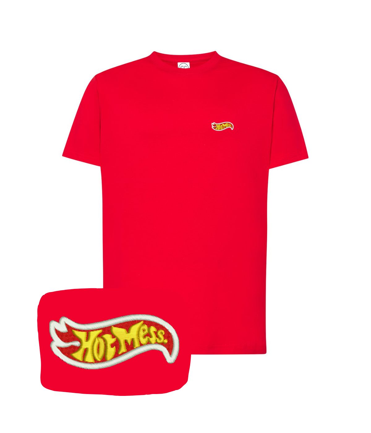 Red "Hot Mess" embroidered T-shirt by CustomClothes.pl featuring a stylish, casual design with embroidered text.