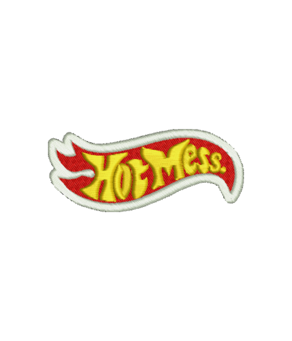 White T-shirt with "Hot Mess" embroidered design from CustomClothes.pl, featuring casual fit and detailed embroidery.