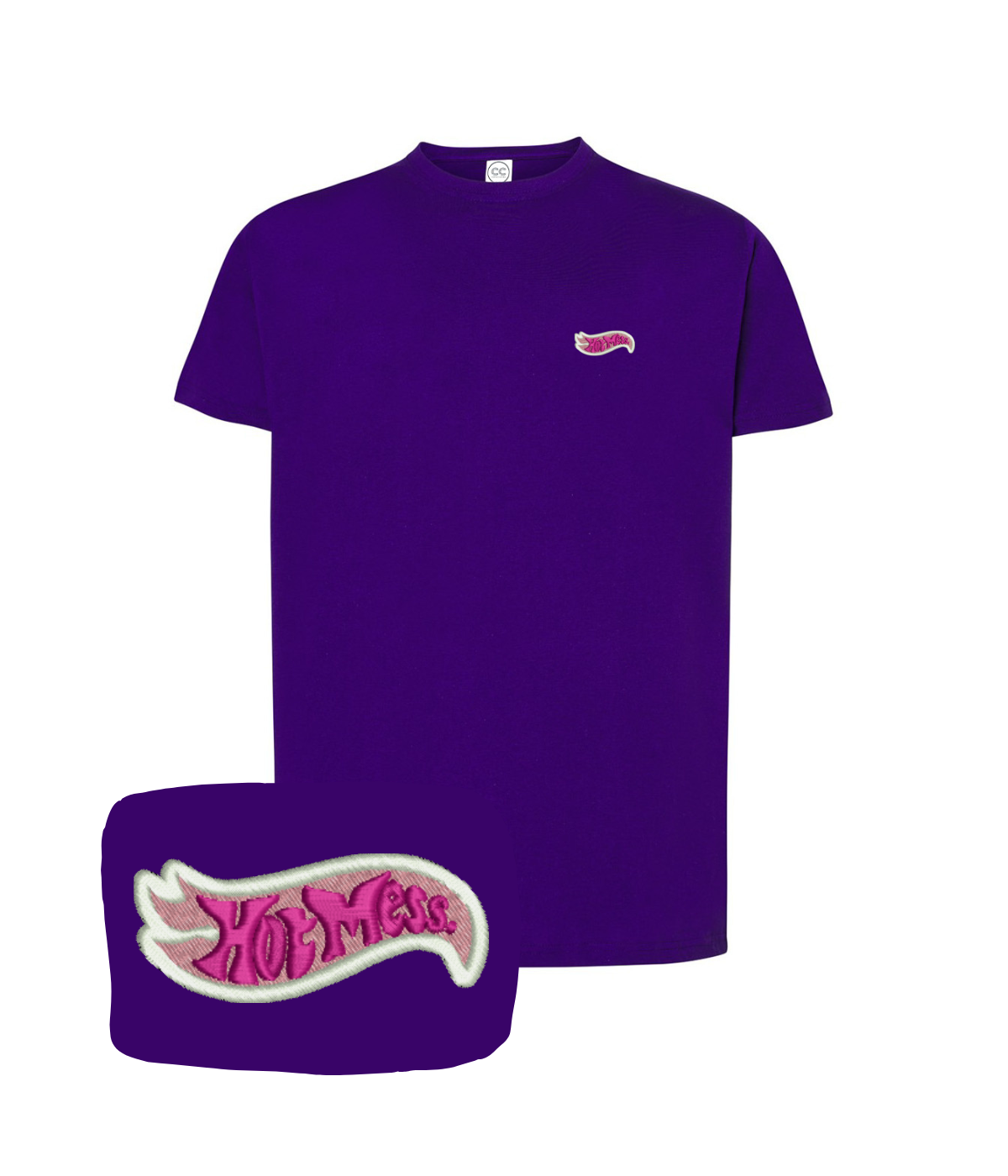 Pink "Hot Mess" embroidered T-shirt by CustomClothes.pl, featuring colorful embroidery and casual fit.