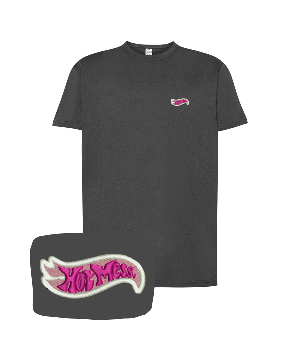 Pink "Hot Mess" embroidered t-shirt by CustomClothes.pl, featuring stylish embroidery on soft fabric.