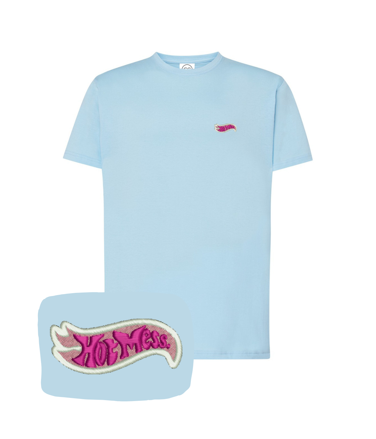 Pink "Hot Mess" embroidered T-shirt by CustomClothes.pl, casual fit with detailed embroidery on the front.