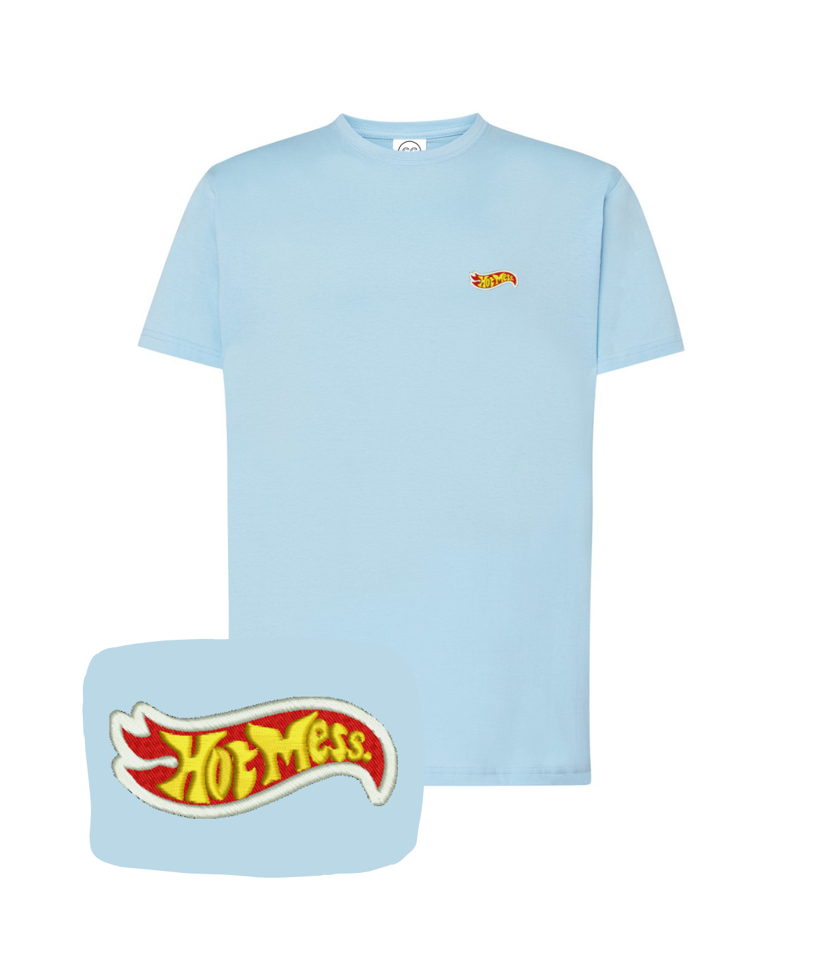 Light blue T-shirt with embroidered "Hot Mess" design from CustomClothes.pl, casual style and soft fabric.