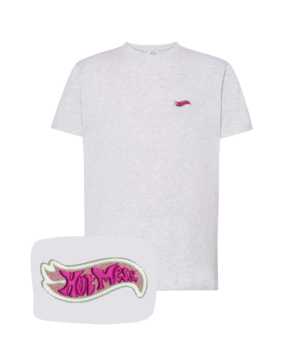 Pink "Hot Mess" embroidered t-shirt by CustomClothes.pl, showing front view with detailed embroidery and casual fit.