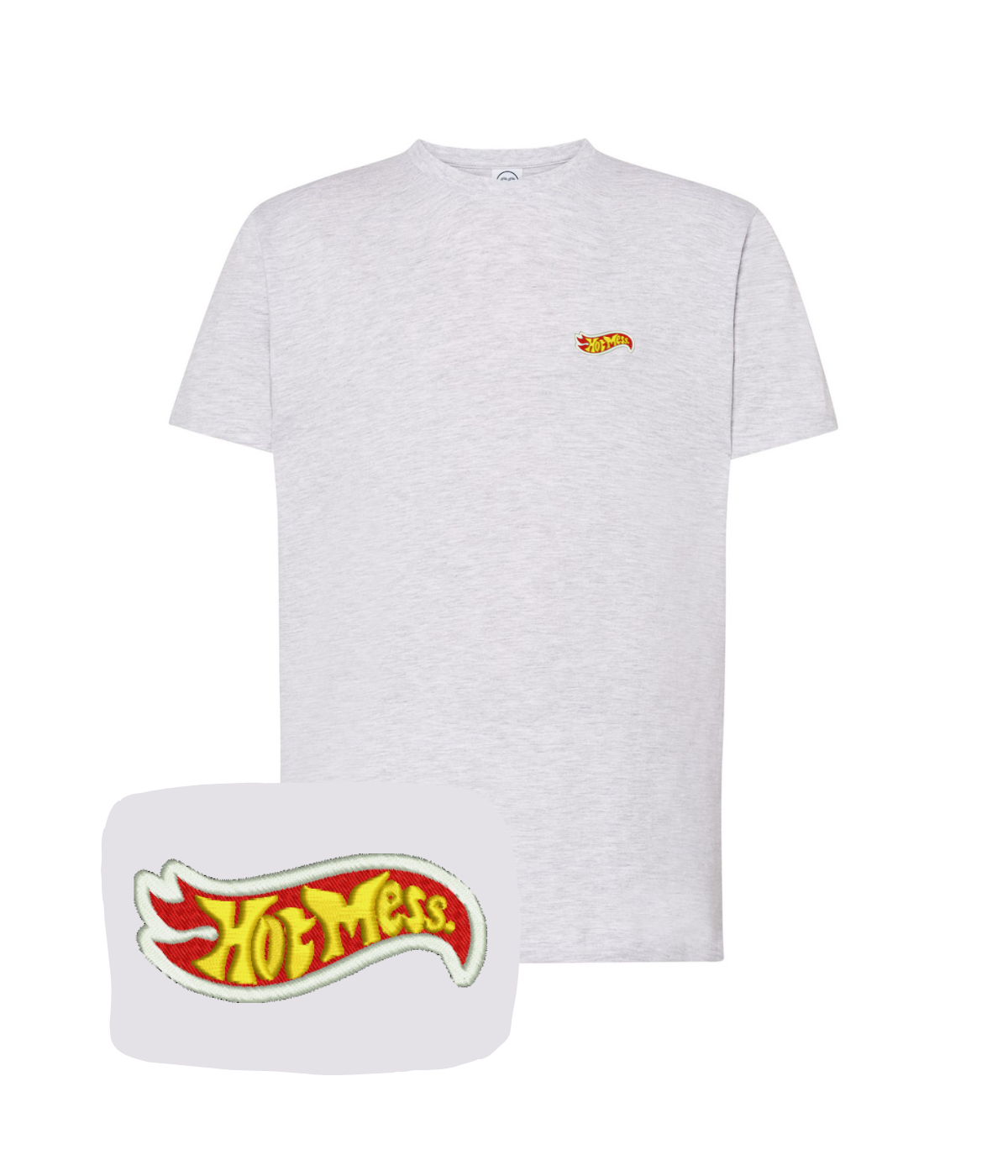 Light gray T-shirt with embroidered "Hot Mess" design from CustomClothes.pl, showcasing the detailed front embroidery.