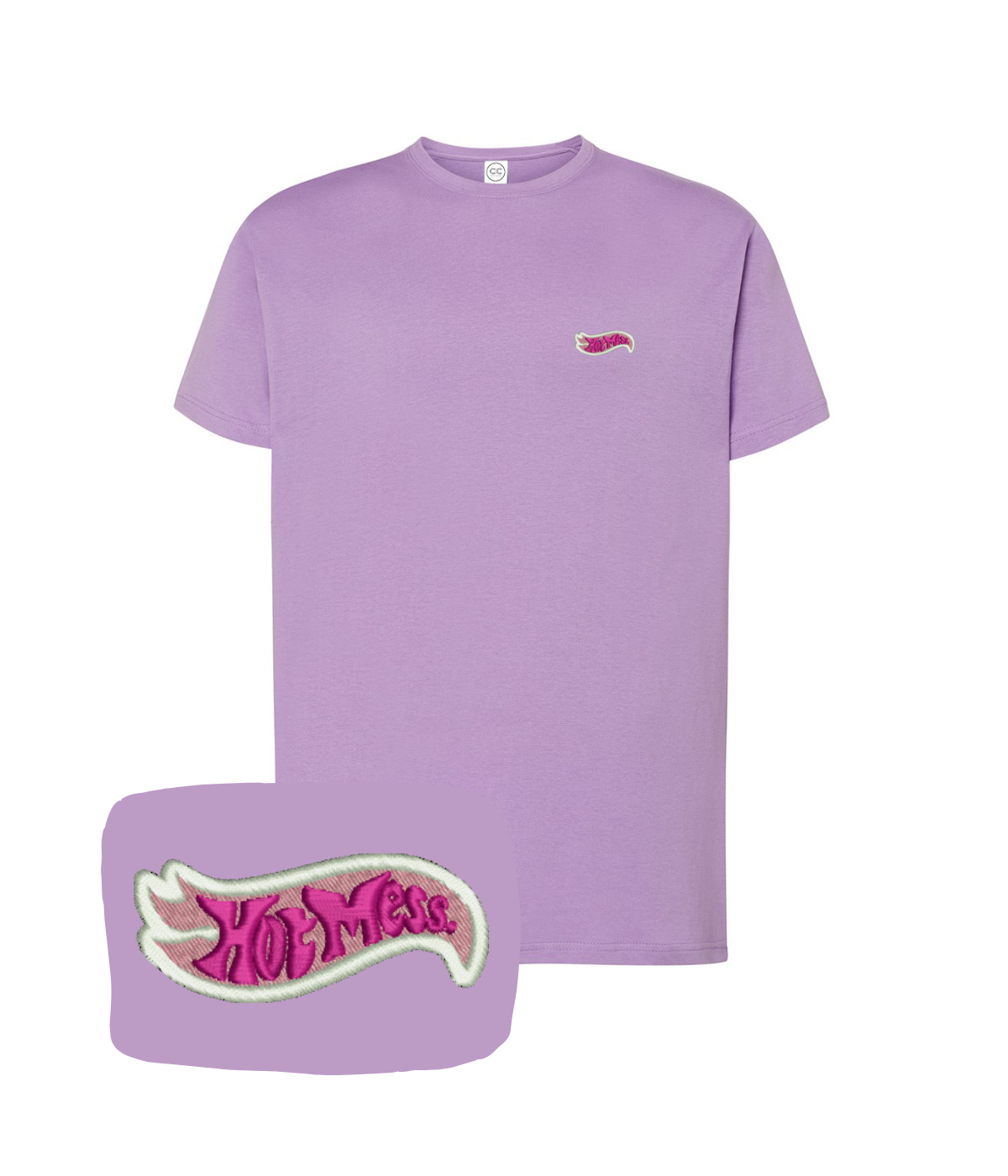 Pink "Hot Mess" embroidered T-shirt from CustomClothes.pl, featuring a stylish embroidered design on soft cotton fabric.