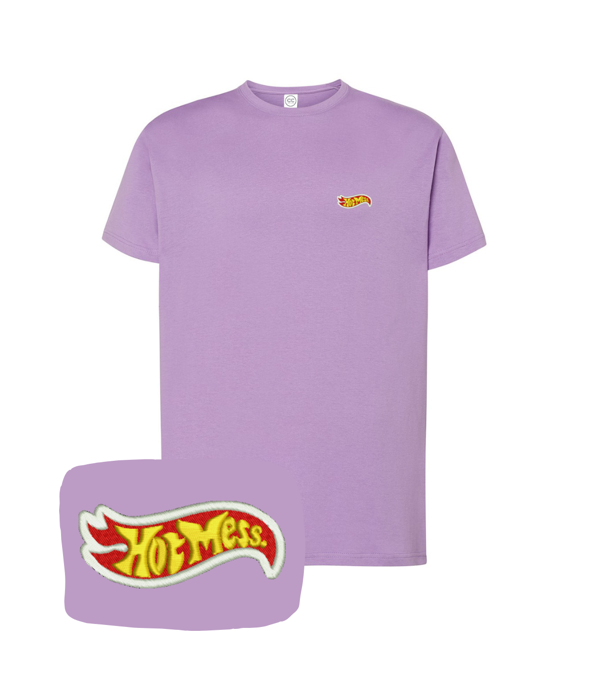 Lavender T-shirt with embroidered "Hot Mess" design by CustomClothes.pl, casual fit and soft fabric.