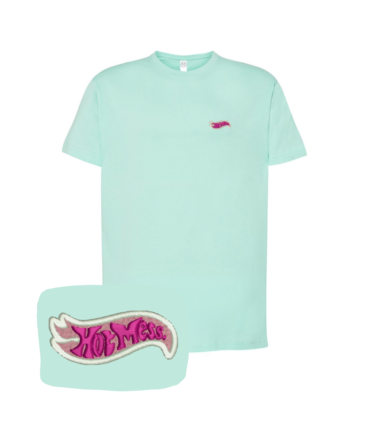 Pink "Hot Mess" embroidered t-shirt by CustomClothes.pl, showcasing colorful embroidery on soft pink fabric.