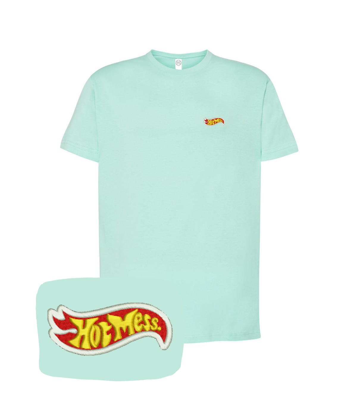 Light mint green T-shirt with embroidered "Hot Mess" design from CustomClothes.pl, casual style, soft fabric, and comfortable fit.