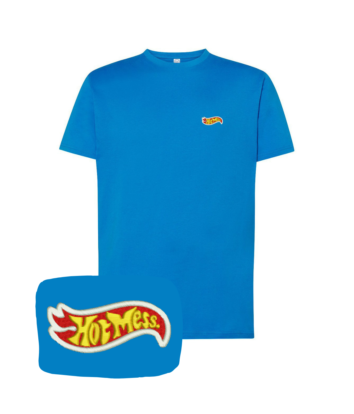 Blue aqua T-shirt with embroidered "Hot Mess" design from CustomClothes.pl, casual fit and stylish for everyday wear.