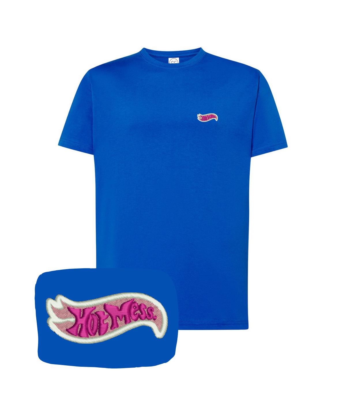 Pink "Hot Mess" embroidered T-shirt by CustomClothes.pl, showing the front view with embroidered text and vibrant pink color.
