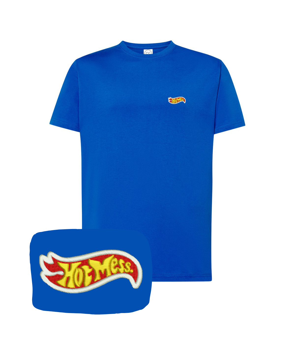 Blue "Hot Mess" embroidered T-shirt from CustomClothes.pl featuring a stylish front embroidery design.