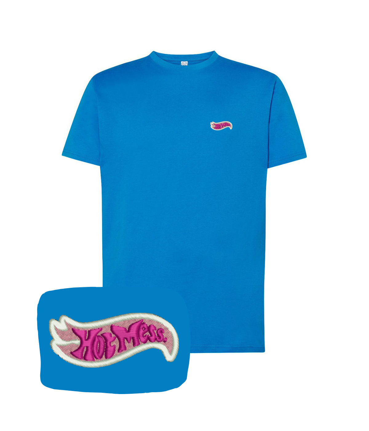 Pink "Hot Mess" embroidered t-shirt by CustomClothes.pl, featuring colorful embroidered lettering on soft fabric.