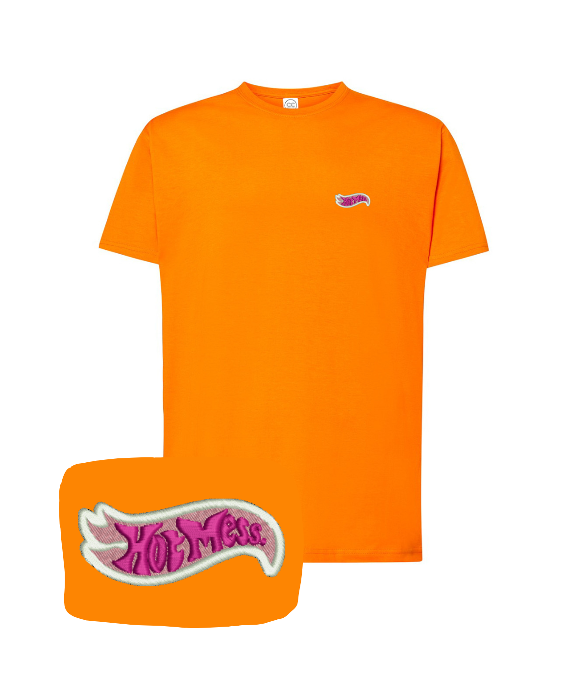 Pink "Hot Mess" embroidered T-shirt by CustomClothes.pl, featuring colorful embroidery on soft fabric.