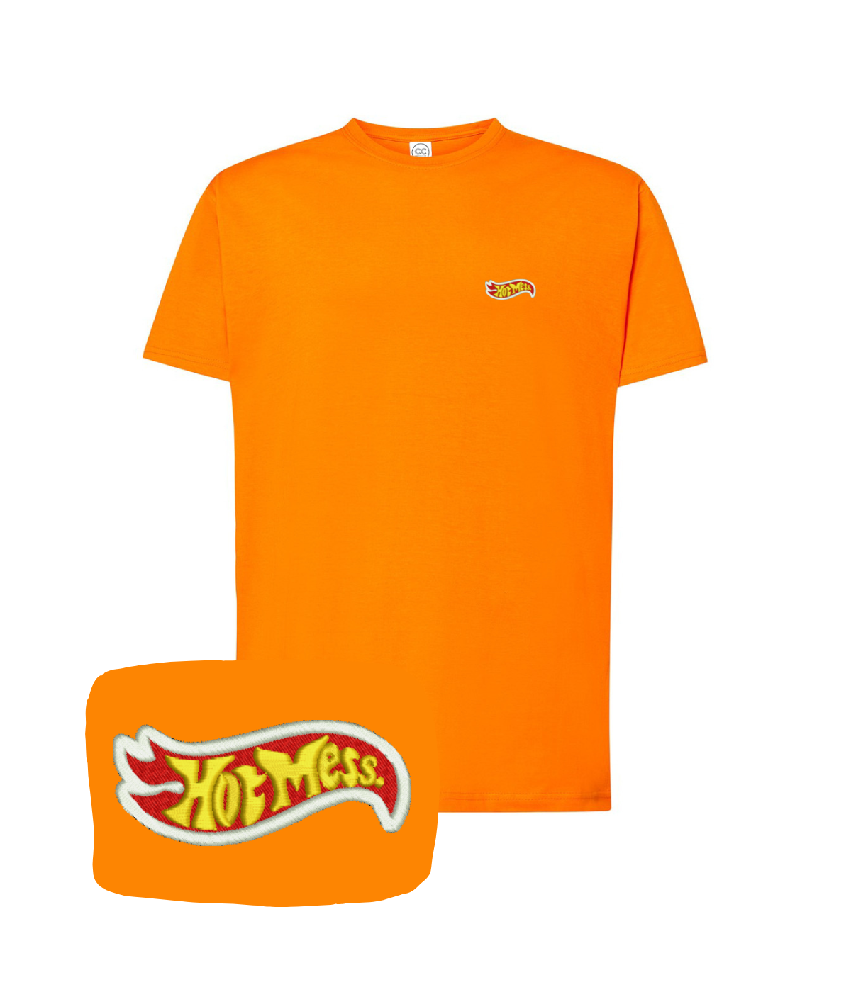 Orange "Hot Mess" embroidered T-shirt from CustomClothes.pl featuring bold lettering on soft cotton fabric.