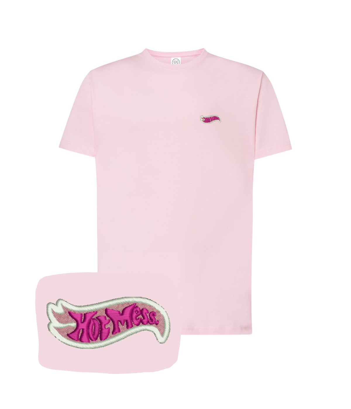 Pink "Hot Mess" embroidered T-shirt by CustomClothes.pl, showing the front with colorful embroidery design.