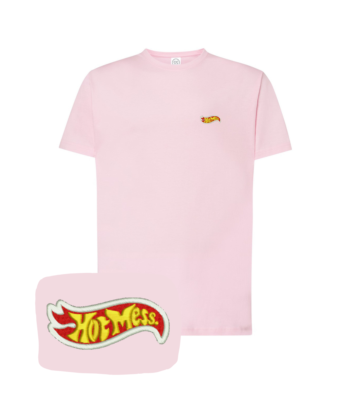Pink T-shirt with embroidered "Hot Mess" design by CustomClothes.pl, featuring casual fit and soft cotton fabric.