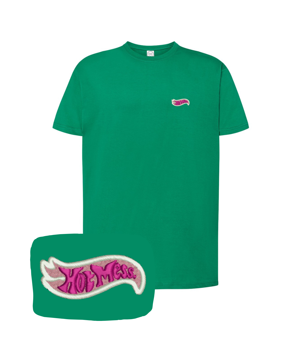Pink "Hot Mess" embroidered T-shirt from CustomClothes.pl, showcasing bright pink embroidery on a casual short-sleeve tee.