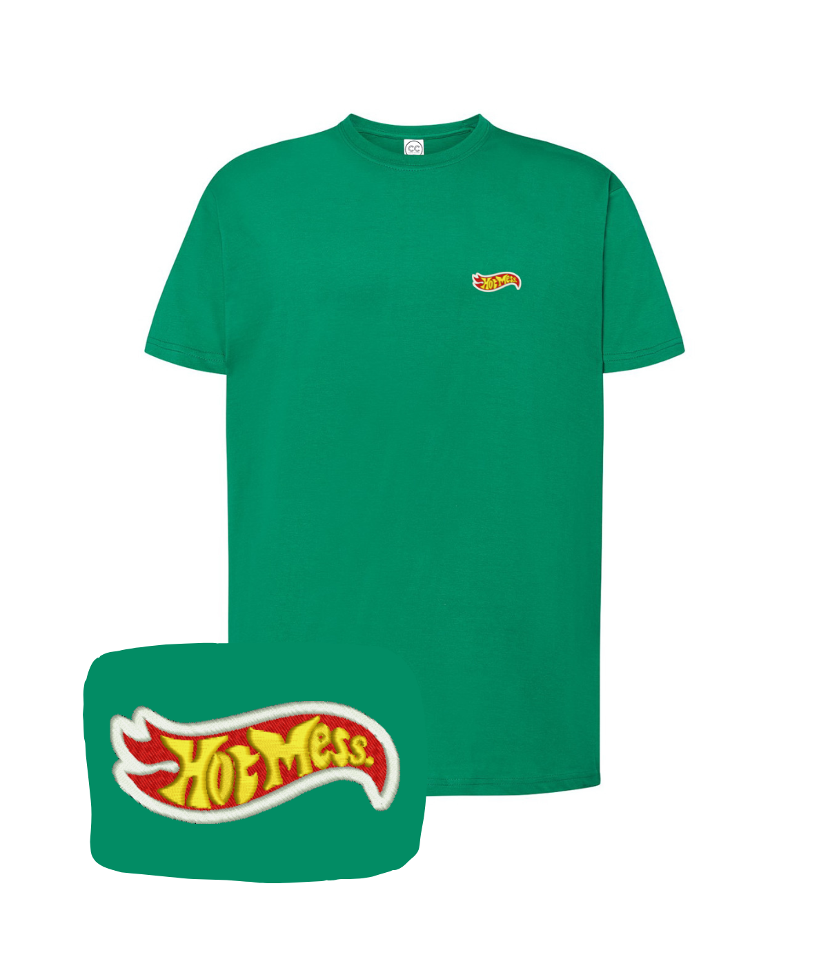Green T-shirt with embroidered "Hot Mess" design, from CustomClothes.pl, featuring casual fit and stylish embroidered detail.