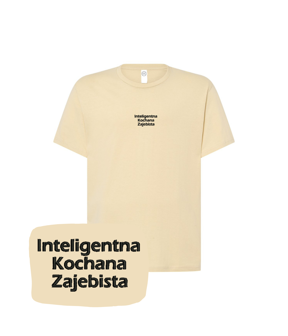 Beżowa koszulka z haftem "Inteligentna Kochana Zajebista" od CustomClothes.pl, z widocznym nadrukiem na piersi.