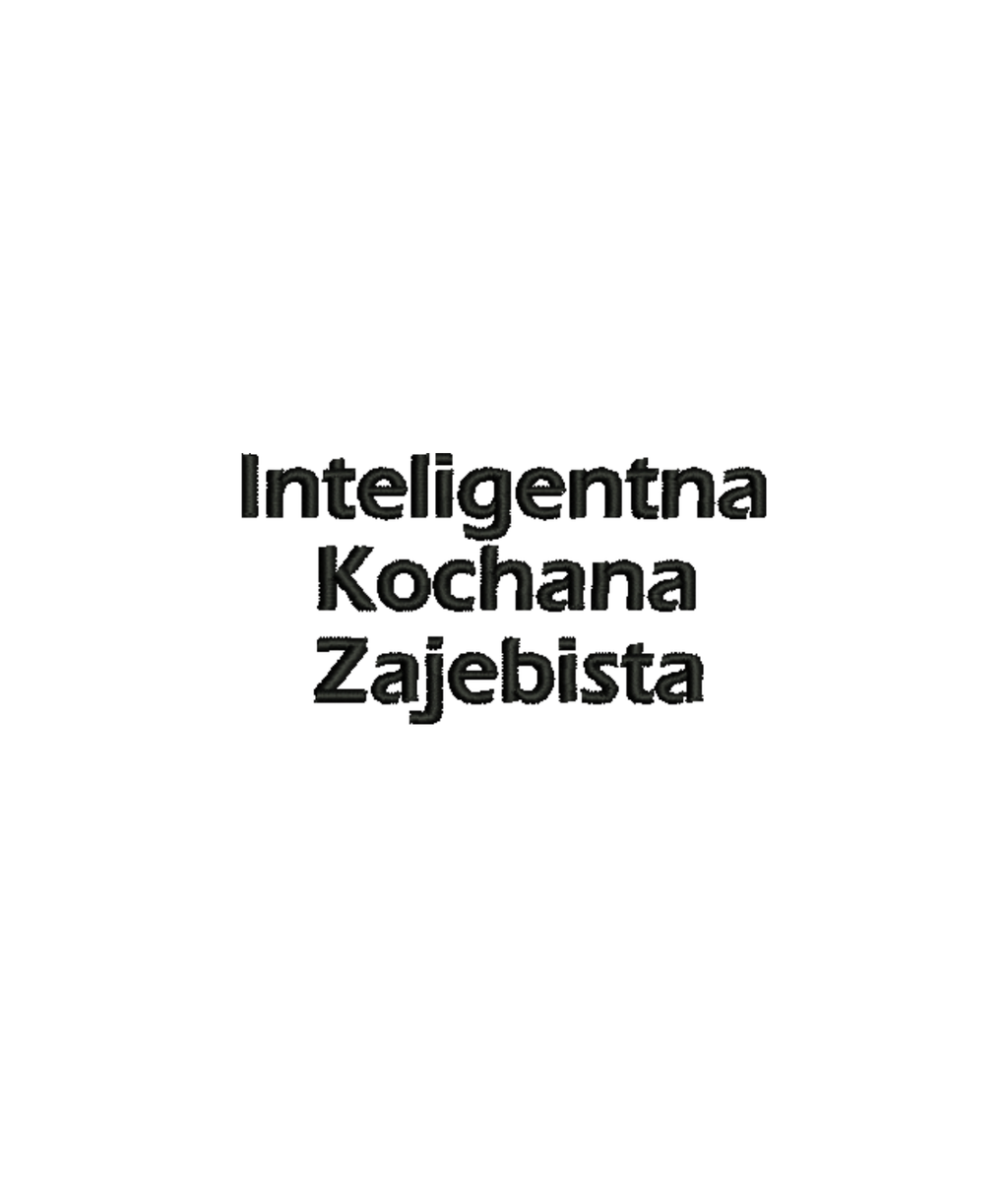 White T-shirt with embroidered text "Inteligentna Kochana Zajebista" by CustomClothes.pl, close-up of the detailed embroidery.