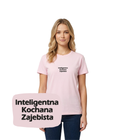 Pink T-shirt with embroidered "Inteligentna Kochana Zajebista" text from CustomClothes.pl, showing front view and detailed embroidery.
