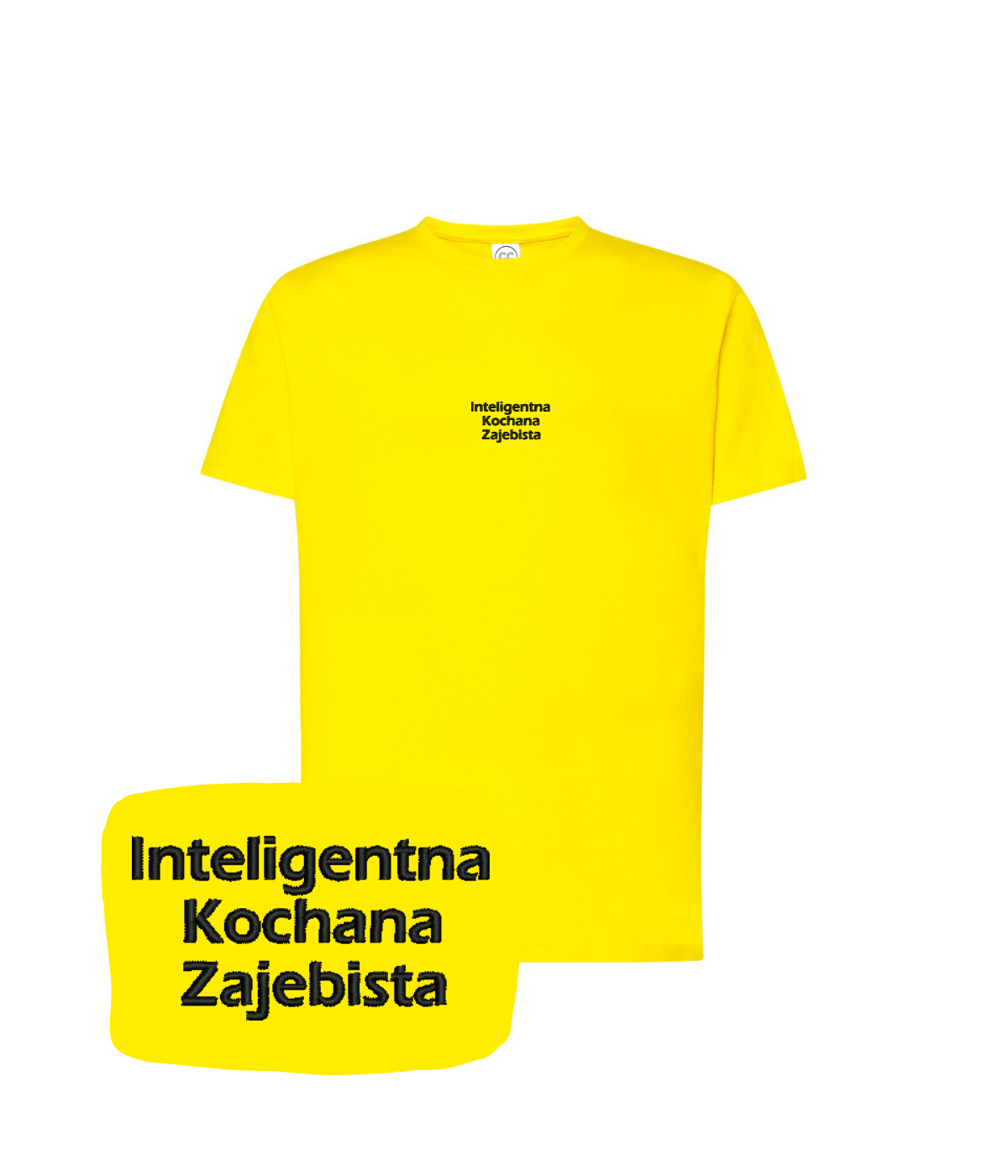 Yellow T-shirt with embroidered "Inteligentna Kochana Zajebista" design from CustomClothes.pl, casual and stylish.