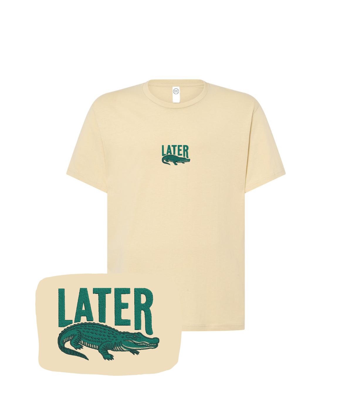 Beige CustomClothes.pl "Later" T-shirt with embroidered alligator design, casual fit, front view, soft fabric texture visible.