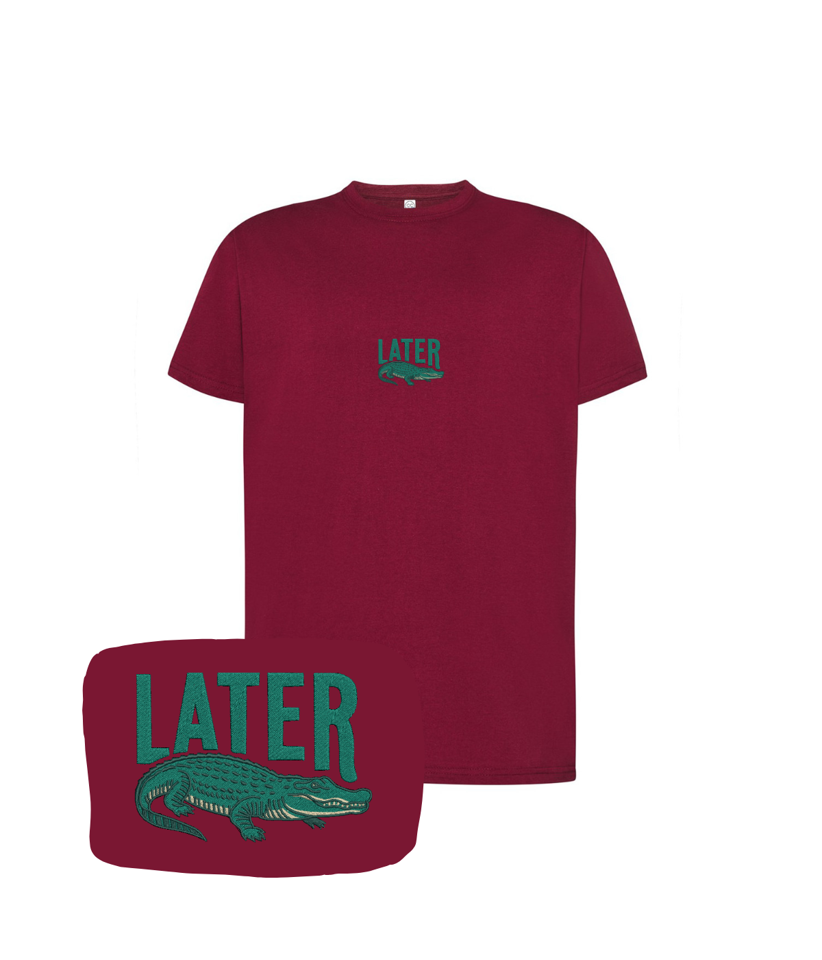 Bordowa koszulka z haftem "Later" i aligatorem od CustomClothes.pl, casual t-shirt z unikalnym nadrukiem i haftem
