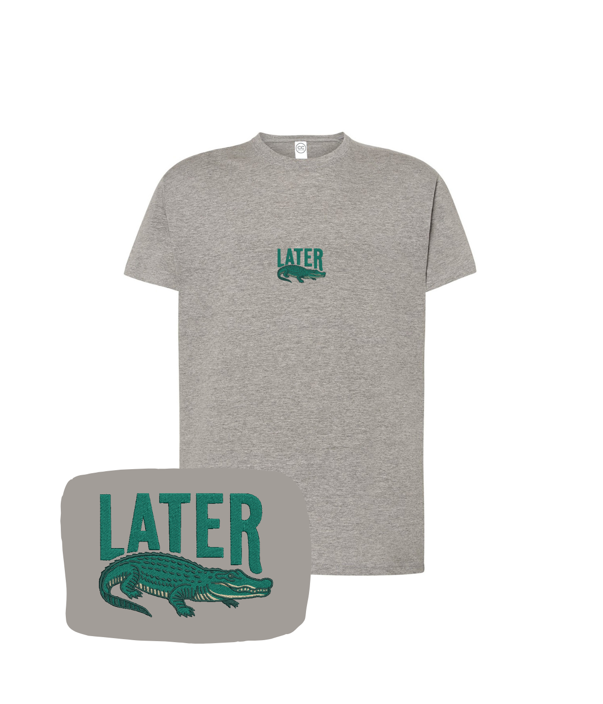 Dark gray T-shirt with "Later" embroidery and an alligator design, by CustomClothes.pl, shown on a flat lay.