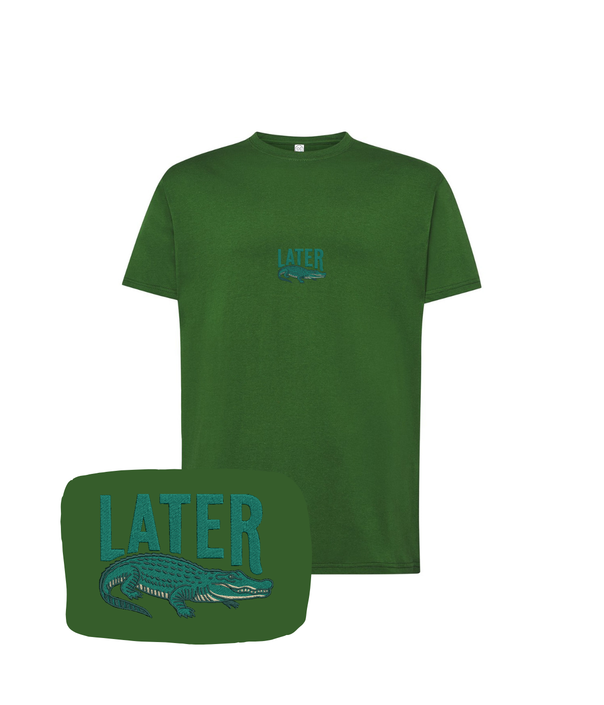 Dark green CustomClothes.pl T-shirt with "Later" embroidery and an alligator design, casual and stylish for everyday wear.