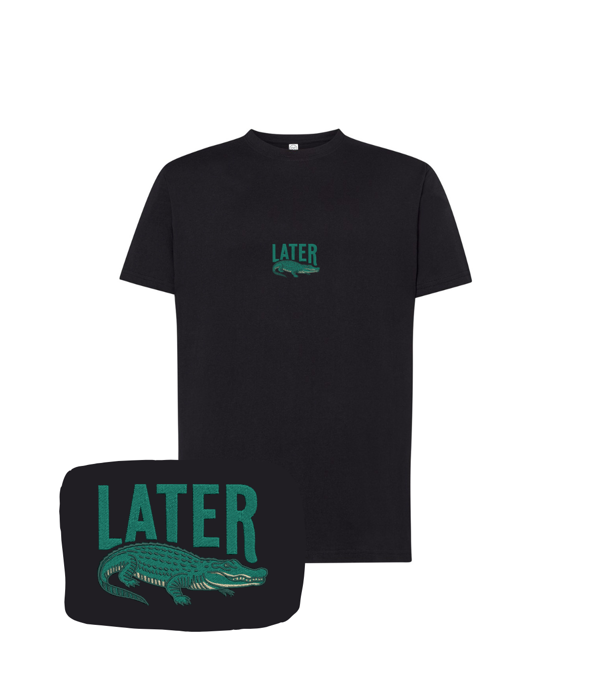 Black custom T-shirt with embroidered "Later" text and an alligator graphic, designed by CustomClothes.pl.