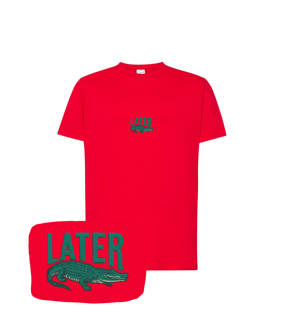 Red T-shirt with "Later" embroidery and alligator design by CustomClothes.pl, shown flat on a white background.