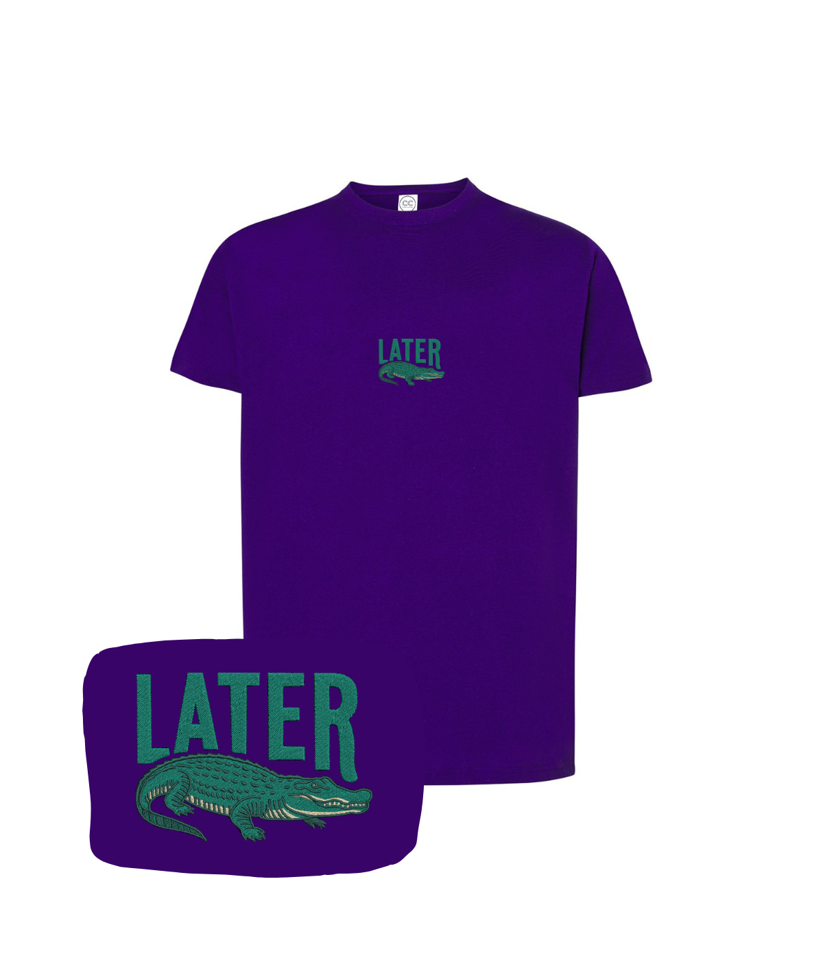 Pink T-shirt with "Later" embroidery and an alligator graphic, by CustomClothes.pl, displayed on a hanger.