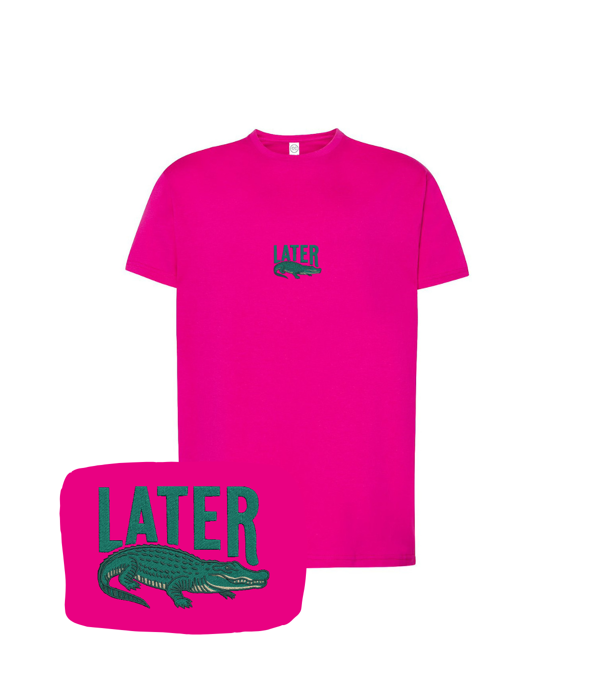 Pink T-shirt with embroidered "Later" and an alligator logo from CustomClothes.pl, displayed on a flat lay.