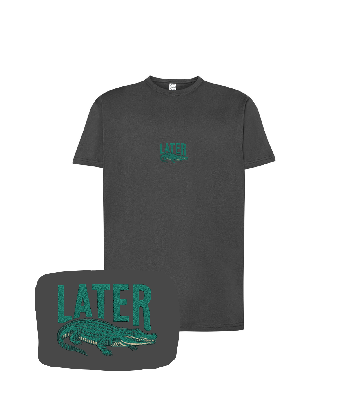 Grafitowa koszulka z haftem "Later" z aligatorem od CustomClothes.pl, widoczny nadruk i wysokiej jakości materiał.
