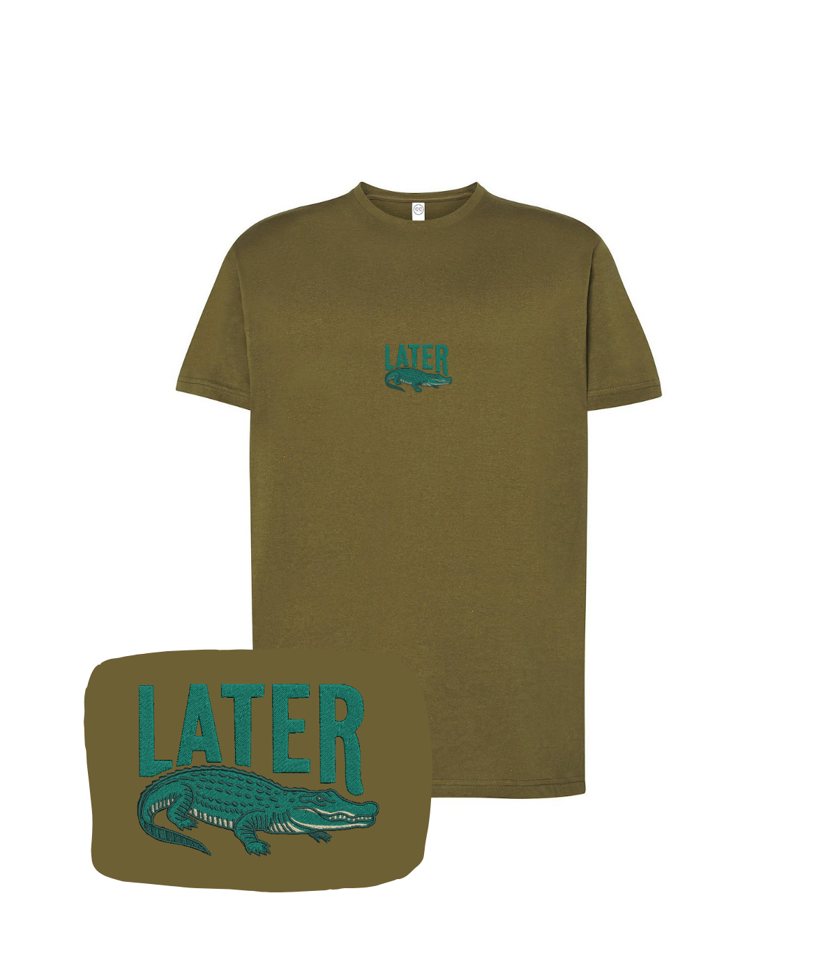 Khaki T-shirt with "Later" embroidery featuring an alligator, from CustomClothes.pl, displayed on a plain background.