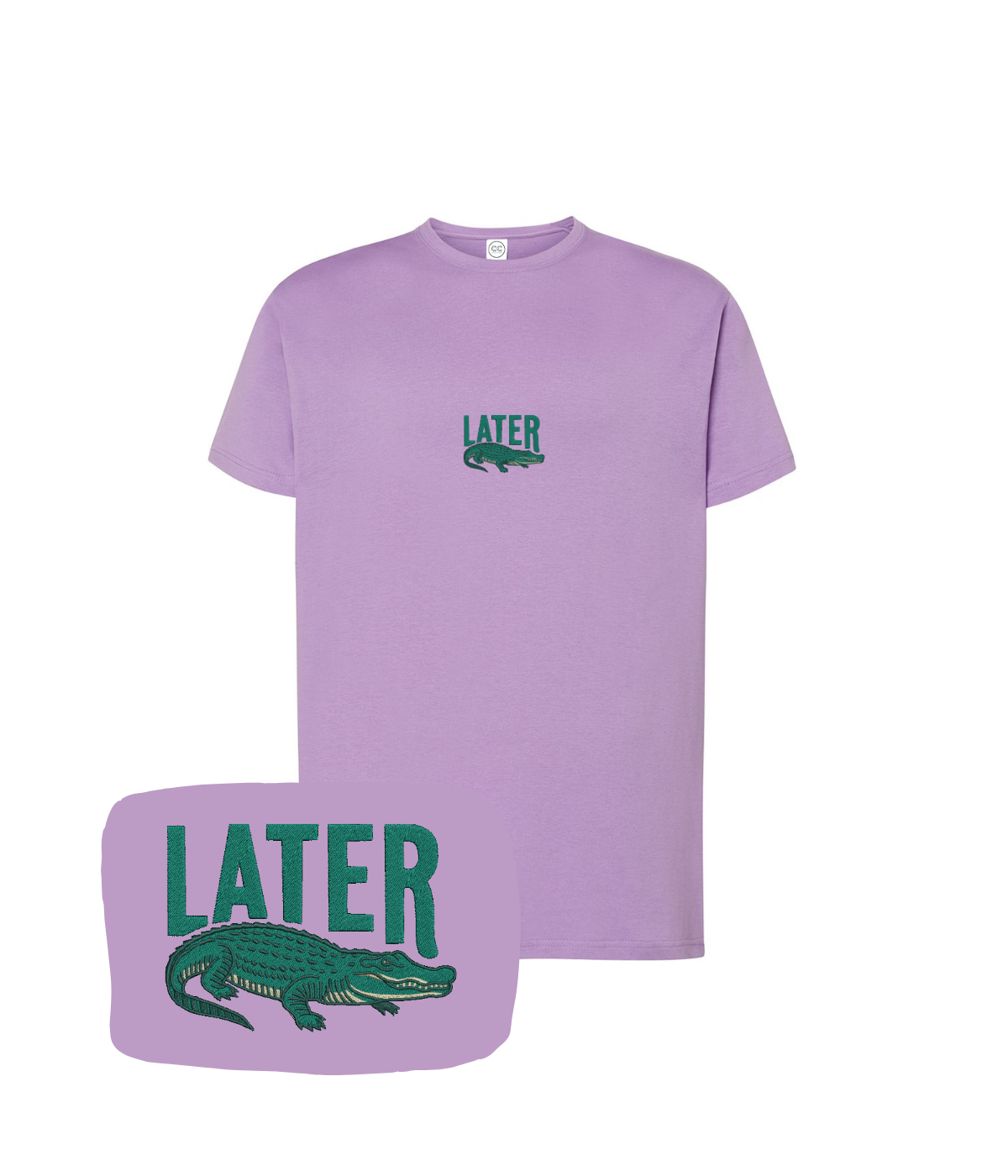 Light purple T-shirt with embroidered "Later" and alligator logo from CustomClothes.pl displayed on the front.
