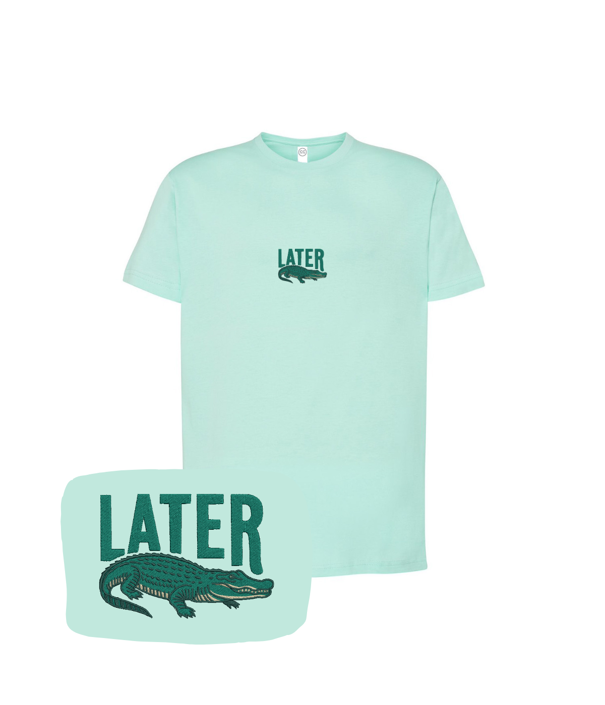 Mint green T-shirt with embroidered "Later" and alligator logo from CustomClothes.pl, casual and stylish.