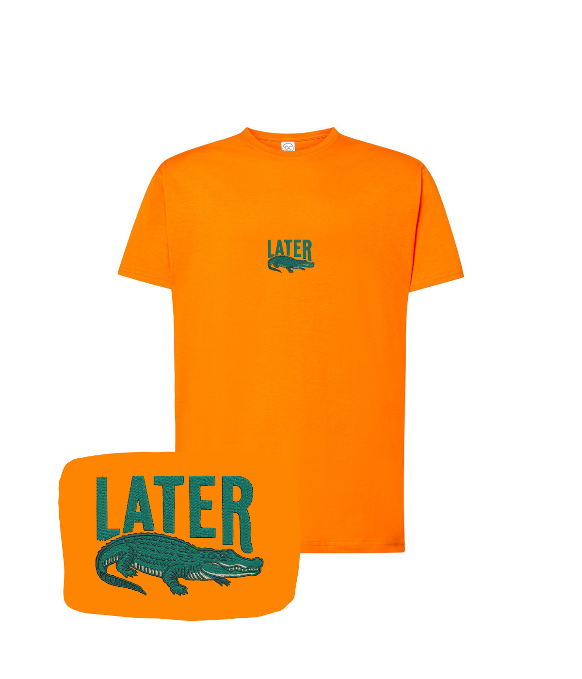 Orange T-shirt with "Later" embroidery and an alligator design by CustomClothes.pl, shown on a plain background.