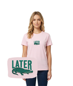 Pink T-shirt with "Later" embroidery and an alligator design from CustomClothes.pl, featuring vibrant stitching and casual style.